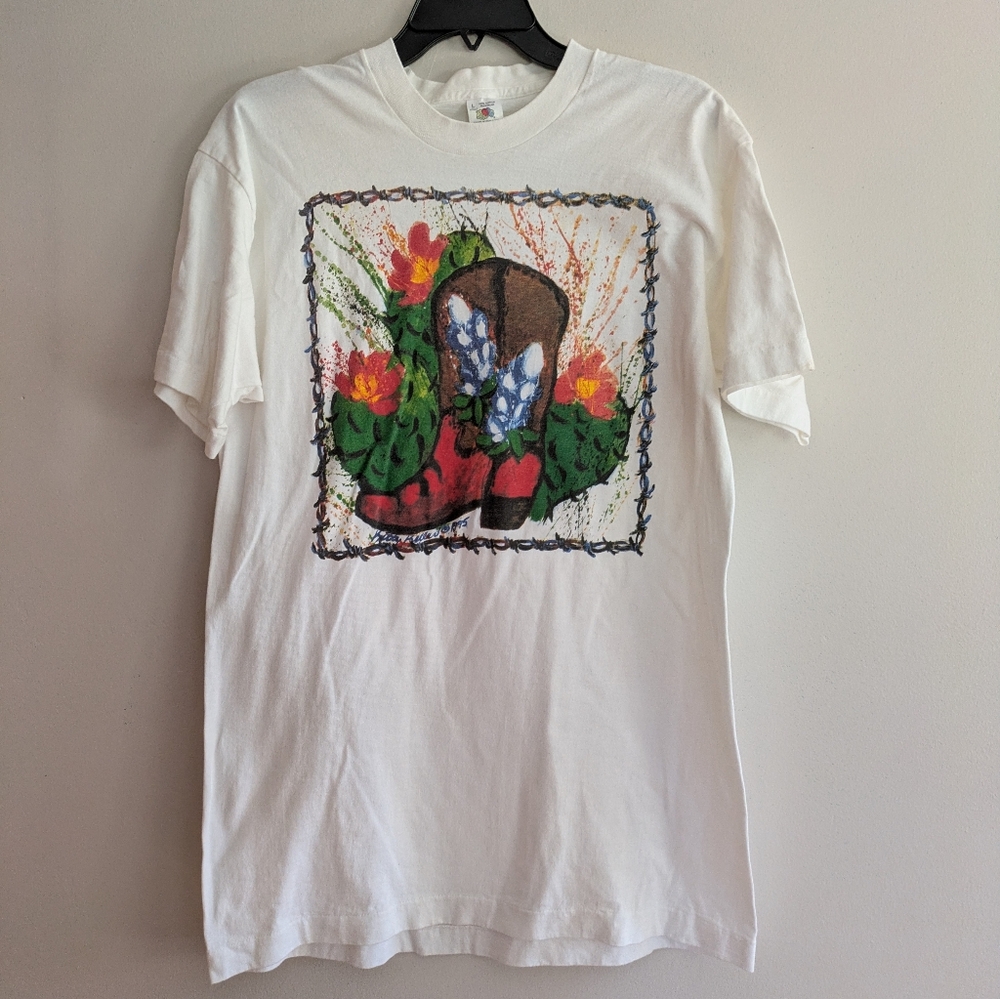 Vintage Kitty Keller Handpainted T-shirt Size Large Western Texas Cowboy Boot
